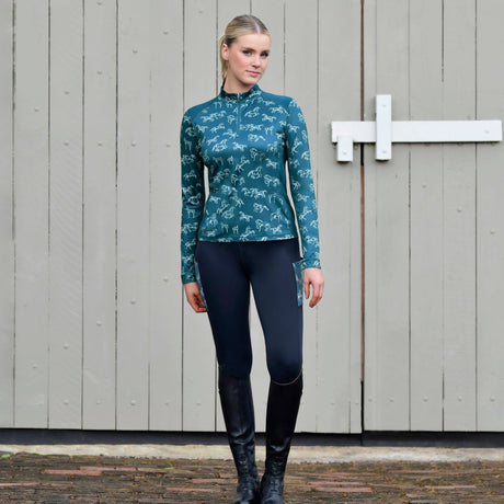 Dublin Ladies Autumn Sally Long Sleeve Riding Top #colour_legion-blue-frolicking-horses