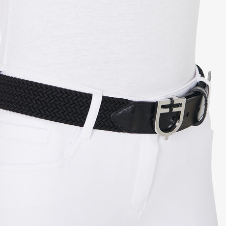 Equestro Leather Elastic Belt With Logoed Buckle #colour_black-silver
