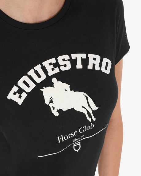 Equestro Women's Cotton Jumping Horse Club T-Shirt #colour_black