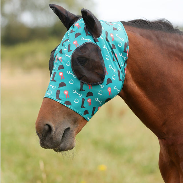 Hy Equestrian Lycra Boot & Bit Print Fly Mask #colour_teal/black