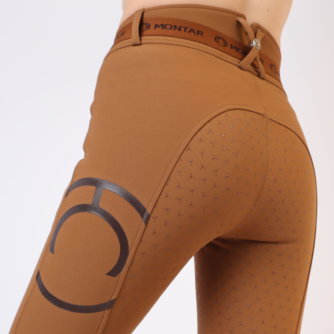 Montar Gudrun Highwaist Brok Mud Thigh Logo Full Grip #colour_brown