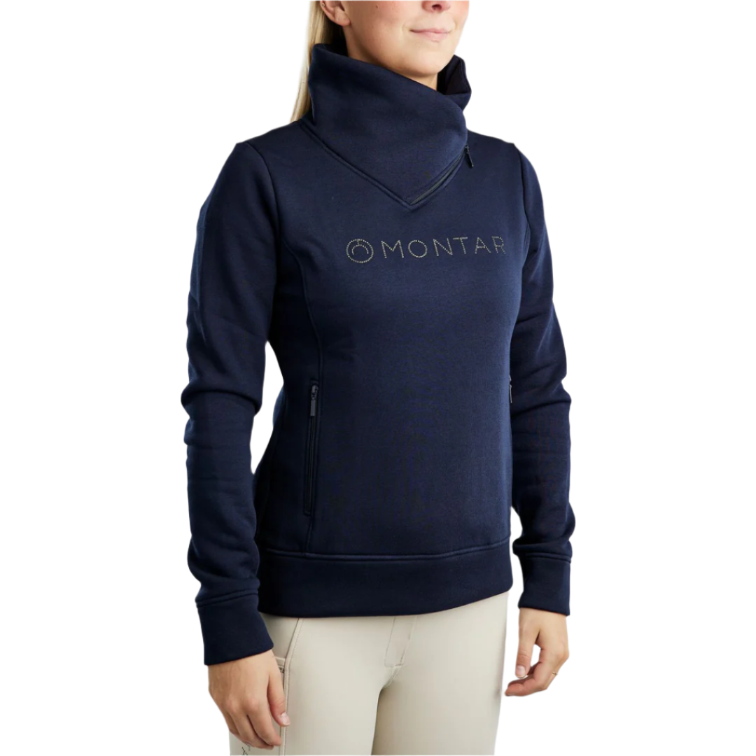 Montar MoNaja High Collar Sweatshirt with Gun Metal Crystal Logo #colour_navy