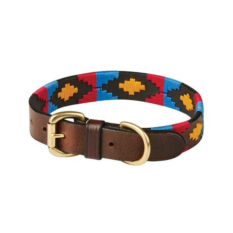 Weatherbeeta Polo Leather Dog Collar #colour_cowdray-brown-pink-blue-yellow