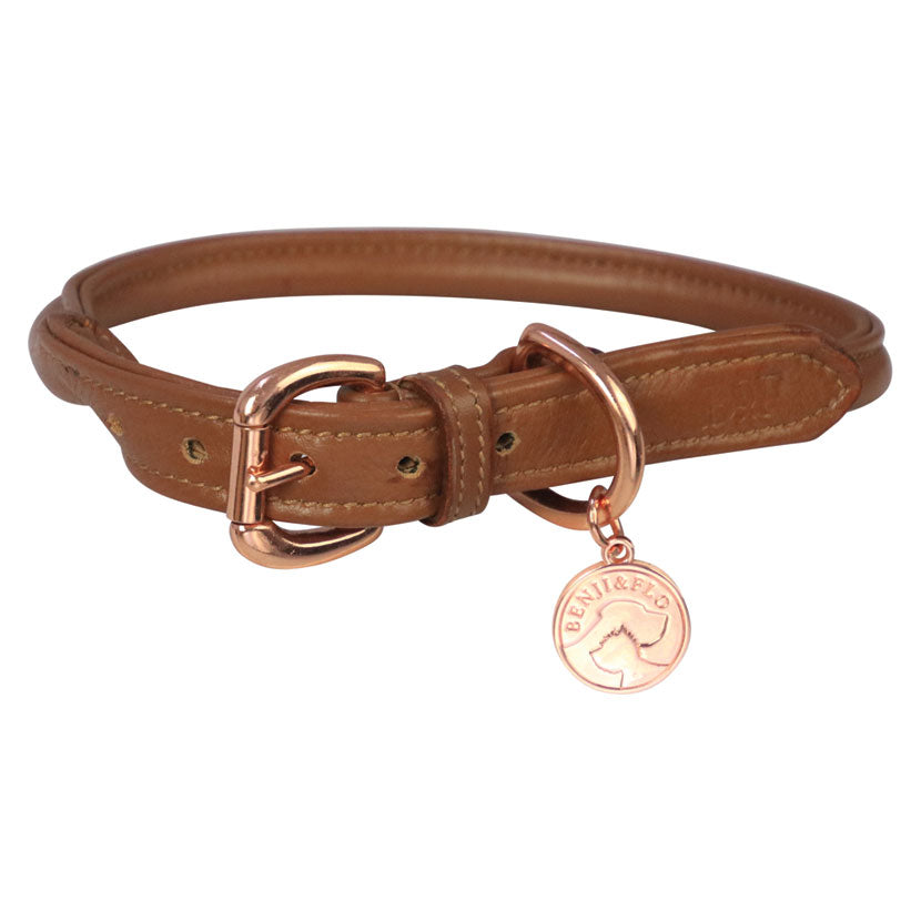 Benji & Flo Superior Rolled Leather Dog Collar #colour_tan-rose-gold