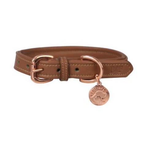 Benji & Flo Deluxe Padded Leather Dog Collar #colour_tan-rose-gold