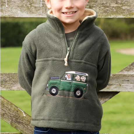 British Country Collection Offroader & Dogs Childrens Fleece Jacket #colour_olive-cream-trim